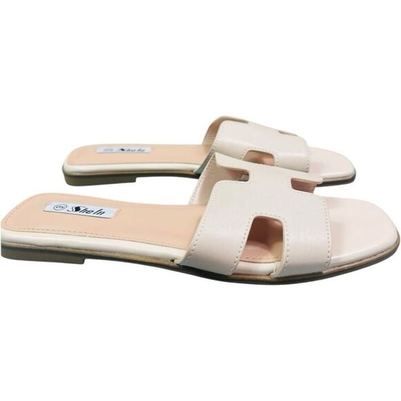 Cream H-Cutout Faux Leather Slide Sandals - Picture 6 of 7